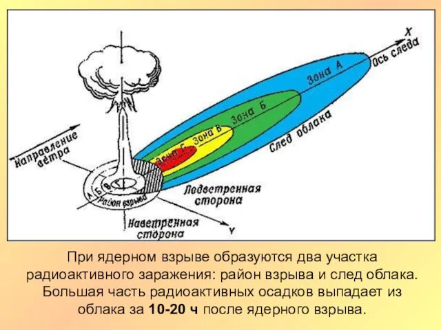 При ядерном взрыве образуются два участка радиоактивного заражения: район взрыва