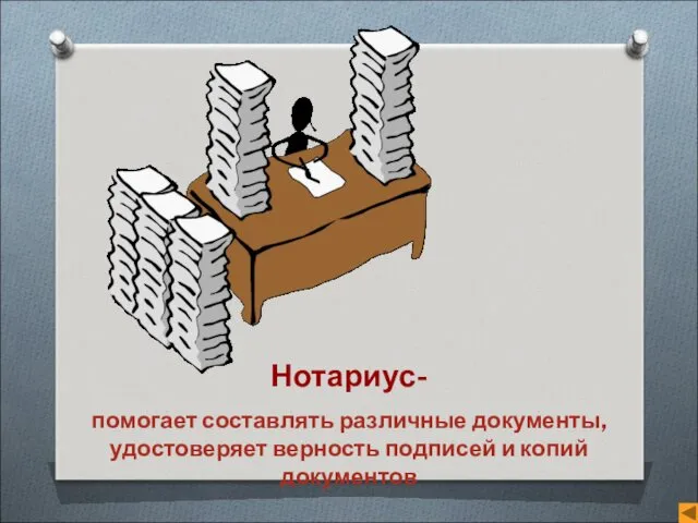 Нотариус- помогает составлять различные документы, удостоверяет верность подписей и копий документов