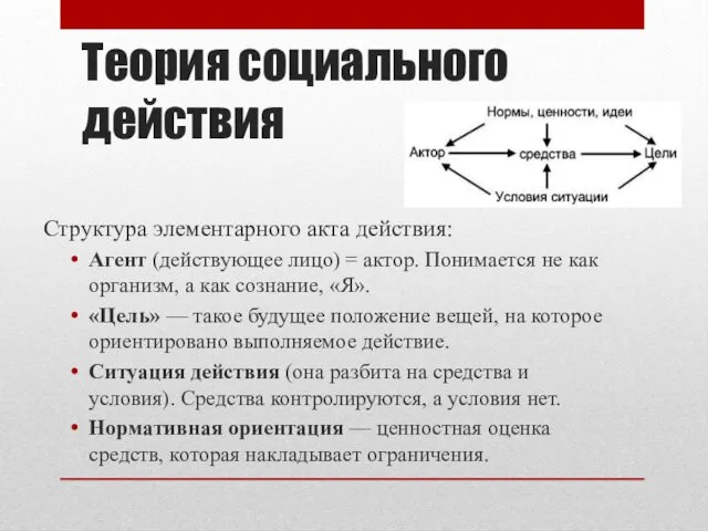 Теория социального действия Структура элементарного акта действия: Агент (действующее лицо)