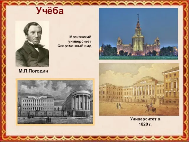 Университет в 1820 г. Московский университет Современный вид Учёба М.П.Погодин