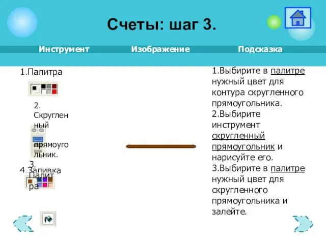 3.Палитра 2.Скругленный прямоугольник. 1.Выбирите в палитре нужный цвет для контура