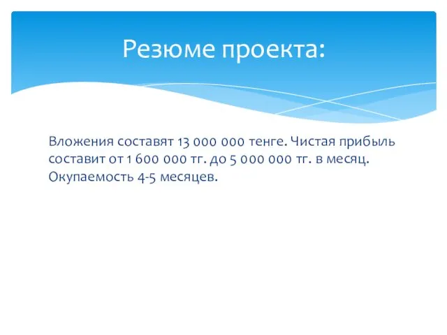 Вложения составят 13 000 000 тенге. Чистая прибыль составит от 1 600 000