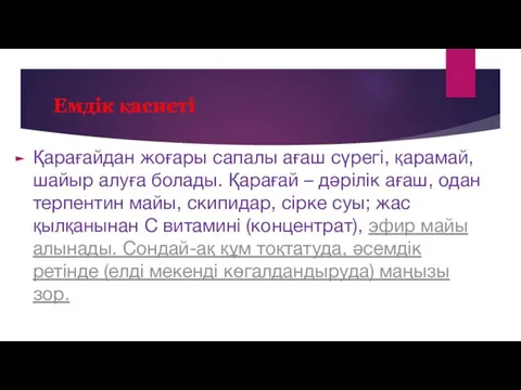 Емдік қасиеті Қарағайдан жоғары сапалы ағаш сүрегі, қарамай, шайыр алуға болады. Қарағай –