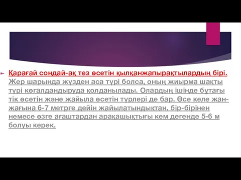 Қарағай сондай-ақ тез өсетін қылқанжапырақтылардың бірі. Жер шарында жүзден аса түрі болса, оның