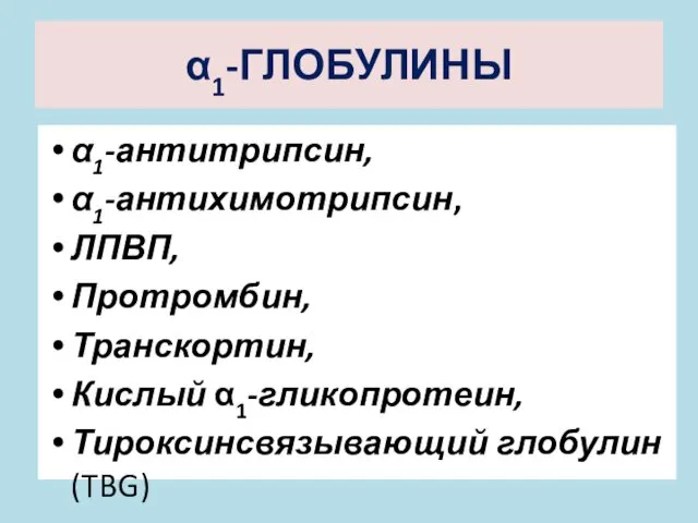 α1-ГЛОБУЛИНЫ α1-антитрипсин, α1-антихимотрипсин, ЛПВП, Протромбин, Транскортин, Кислый α1-гликопротеин, Тироксинсвязывающий глобулин (TBG)