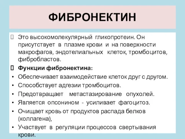 ФИБРОНЕКТИН Это высокомолекулярный гликопротеин. Он присутствует в плазме крови и