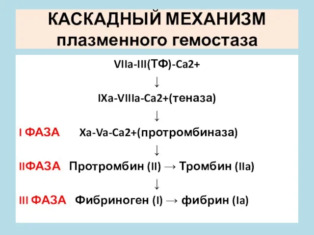 КАСКАДНЫЙ МЕХАНИЗМ плазменного гемостаза VIIa-III(ТФ)-Ca2+ ↓ IXa-VIIIa-Ca2+(теназа) ↓ I ФАЗА