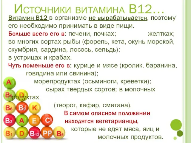 Источники витамина В12… Витамин В12 в организме не вырабатывается, поэтому