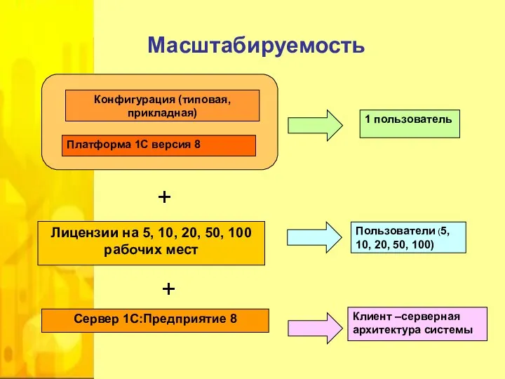 Масштабируемость Лицензии на 5, 10, 20, 50, 100 рабочих мест