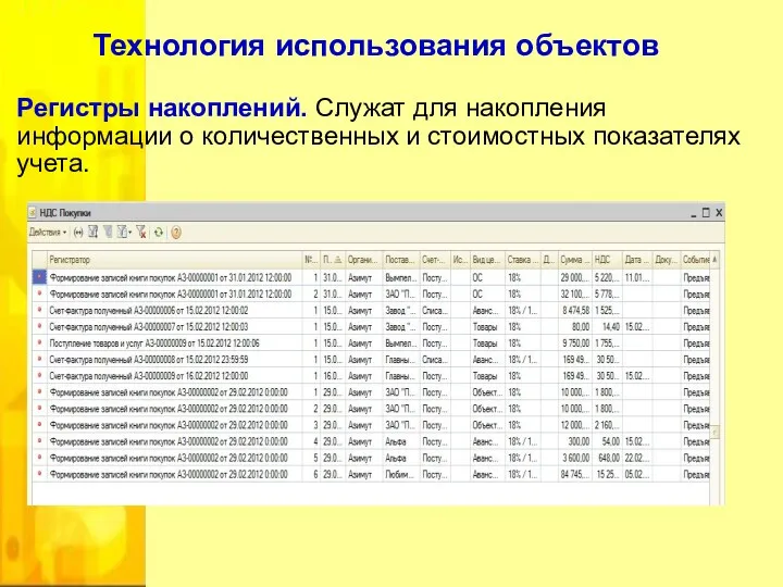 Регистры накоплений. Служат для накопления информации о количественных и стоимостных показателях учета. Технология использования объектов