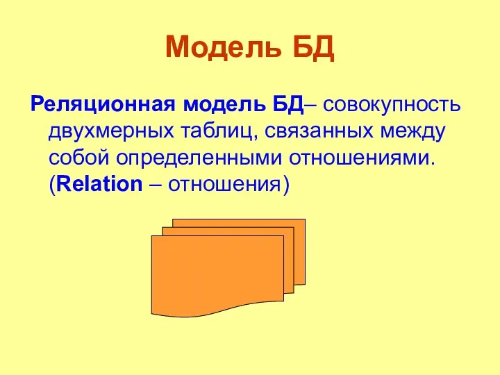 Модель БД Реляционная модель БД– совокупность двухмерных таблиц, связанных между собой определенными отношениями. (Relation – отношения)