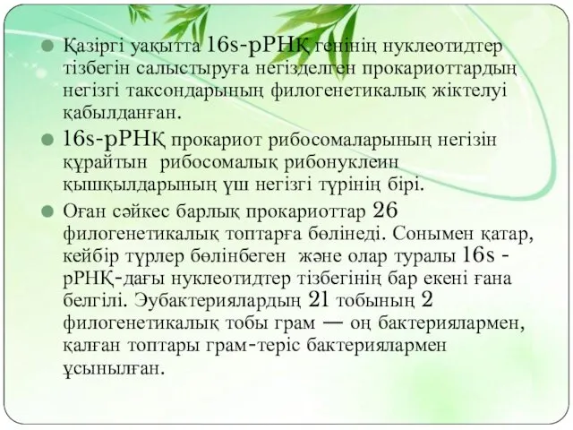 Қазіргі уақытта 16s-pPHҚ генінің нуклеотидтер тізбегін салыстыруға негізделген прокариоттардың негізгі