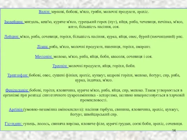 Валін: зернові, бобові, м'ясо, гриби, молочні продукти, арахіс. Ізолейцин: мигдаль,