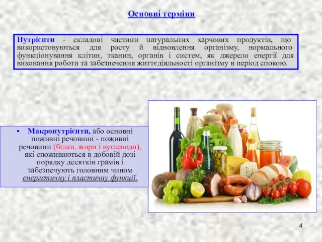 Основні терміни Макронутрієнти, або основні поживні речовини - поживні речовини