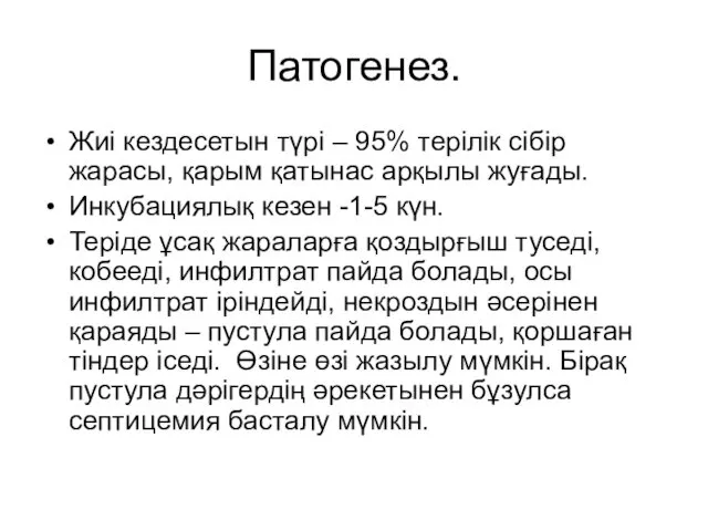 Патогенез. Жиі кездесетын түрі – 95% терілік сібір жарасы, қарым