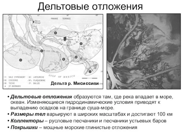 Дельтовые отложения Дельтовые отложения образуются там, где река впадает в