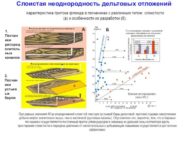 Слоистая неоднородность дельтовых отложений 1. Песчаники распределительных каналов 2. Песчаники устьевых баров