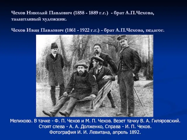 Чехов Николай Павлович (1858 - 1889 г.г.) - брат А.П.Чехова, талантливый художник. Чехов