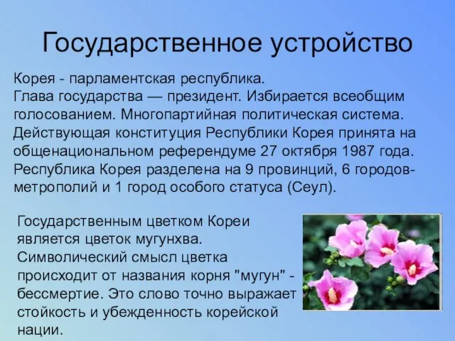 Государственное устройство Корея - парламентская республика. Глава государства — президент.