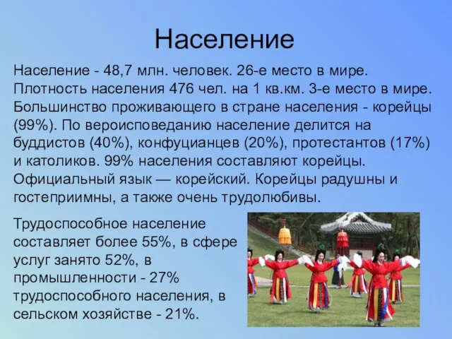 Население Население - 48,7 млн. человек. 26-е место в мире.