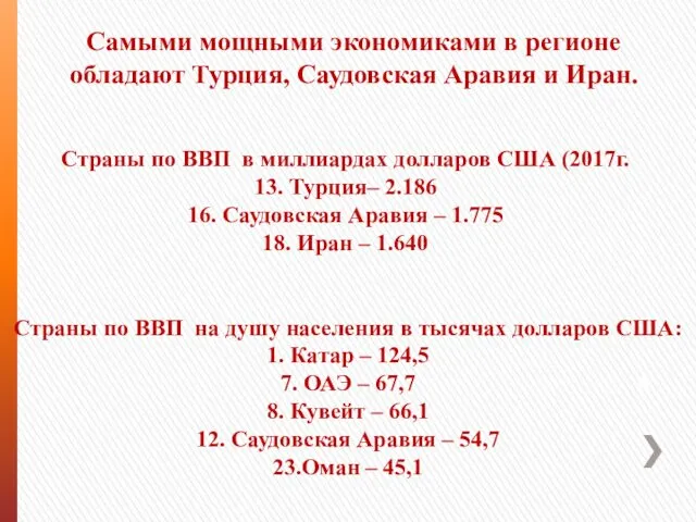 . Самыми мощными экономиками в регионе обладают Турция, Саудовская Аравия