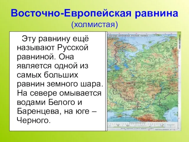 Восточно-Европейская равнина (холмистая) Эту равнину ещё называют Русской равниной. Она