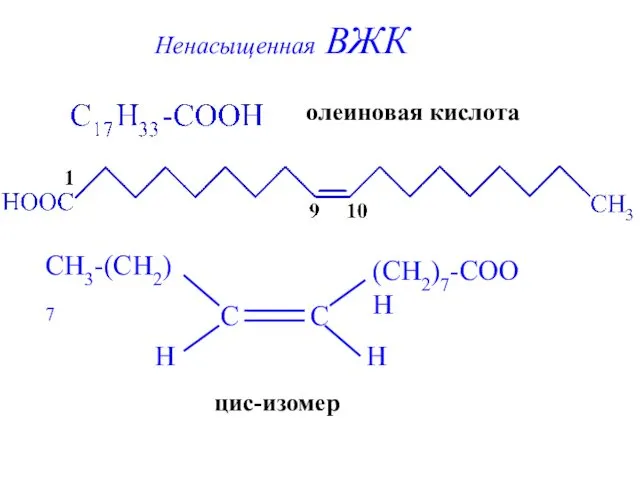 олеиновая кислота CH3-(CH2)7 H H (CH2)7-COOH цис-изомер Ненасыщенная ВЖК