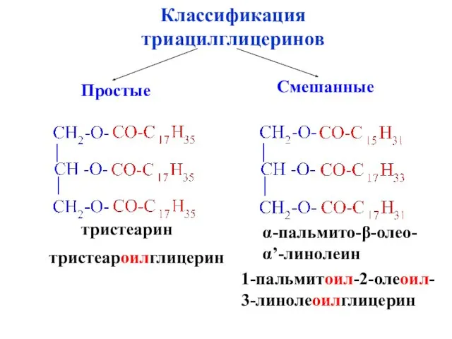 тристеароилглицерин Простые тристеарин α-пальмито-β-олео- α’-линолеин 1-пальмитоил-2-олеоил- 3-линолеоилглицерин Смешанные Классификация триацилглицеринов