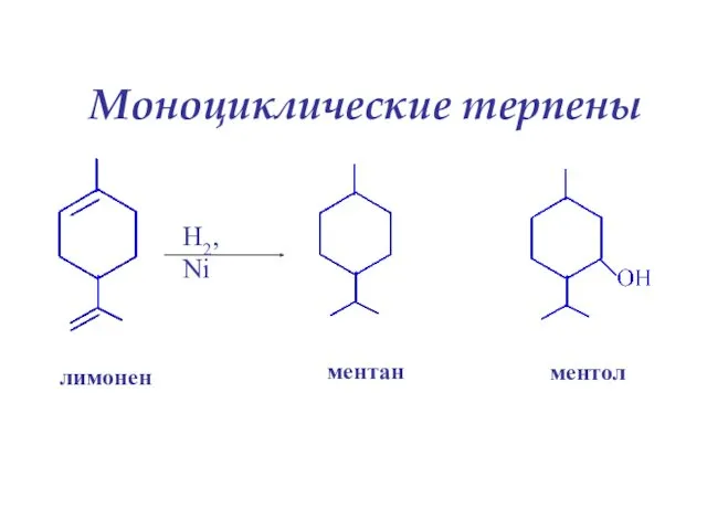 Моноциклические терпены лимонен H2, Ni ментан ментол