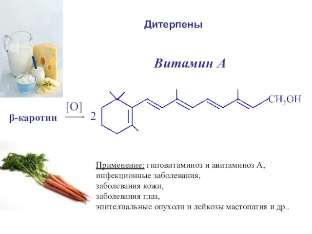 β-каротин [O] 2 Витамин А Применение: гиповитаминоз и авитаминоз А,