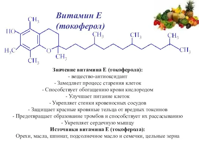 Витамин Е (токоферол)‏ Значение витамина Е (токоферола): - вещество-антиоксидант - Замедляет процесс старения