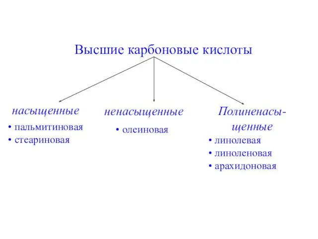 Высшие карбоновые кислоты насыщенные ненасыщенные пальмитиновая стеариновая олеиновая Полиненасы- щенные линолевая линоленовая арахидоновая