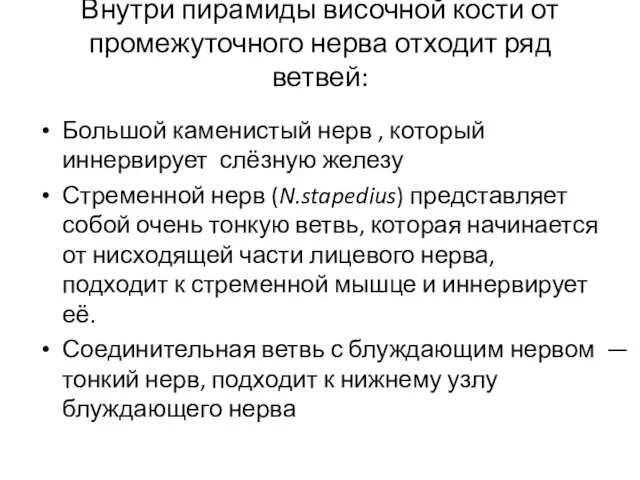 Внутри пирамиды височной кости от промежуточного нерва отходит ряд ветвей: