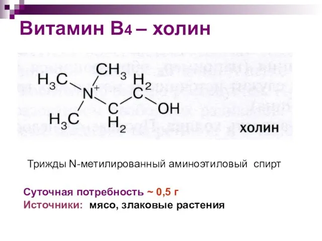 Витамин В4 – холин Суточная потребность ~ 0,5 г Источники: