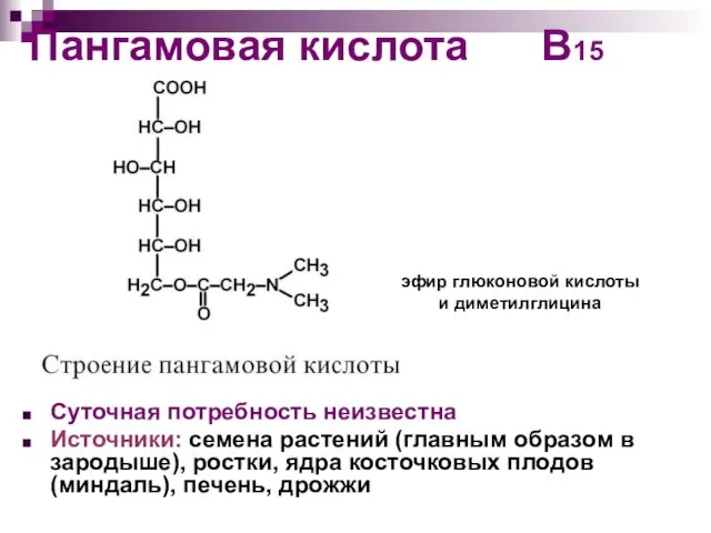 Пангамовая кислота В15 Суточная потребность неизвестна Источники: семена растений (главным