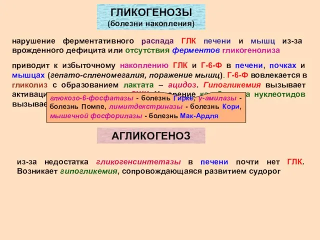 ГЛИКОГЕНОЗЫ (болезни накопления) нарушение ферментативного распада ГЛК печени и мышц