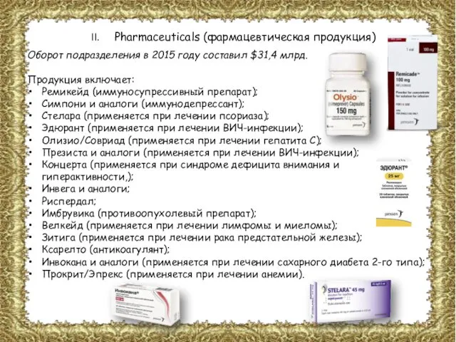 Pharmaceuticals (фармацевтическая продукция) Оборот подразделения в 2015 году составил $31,4