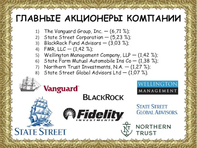 ГЛАВНЫЕ АКЦИОНЕРЫ КОМПАНИИ The Vanguard Group, Inc. — (6,71 %);