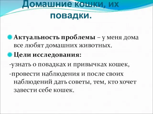 Домашние кошки, их повадки. Актуальность проблемы – у меня дома