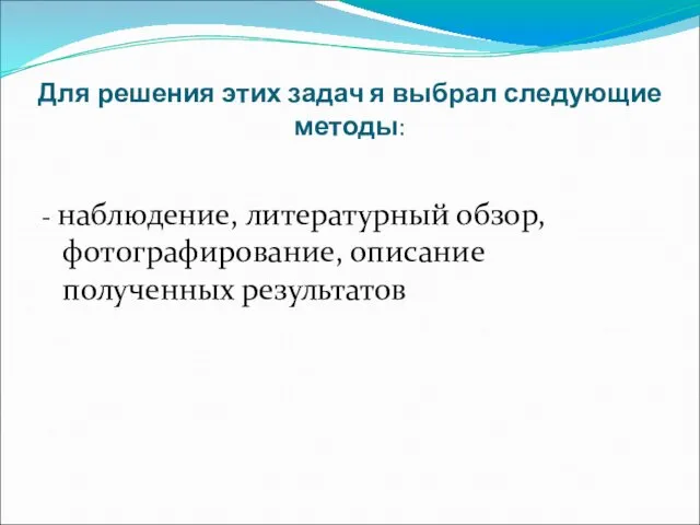 Для решения этих задач я выбрал следующие методы: - наблюдение, литературный обзор, фотографирование, описание полученных результатов