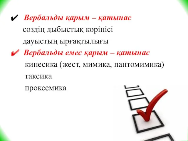 Вербальды қарым – қатынас сөздің дыбыстық көрінісі дауыстың ырғақтылығы Вербальды