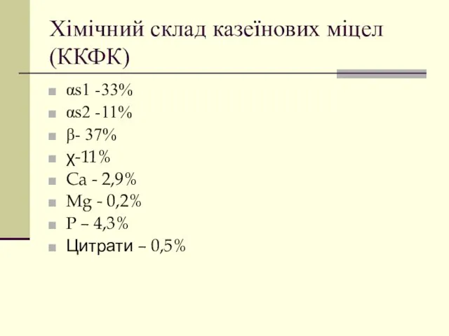 Хімічний склад казеїнових міцел (ККФК) αs1 -33% αs2 -11% β- 37% χ-11% Ca