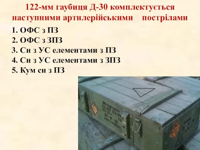122-мм гаубиця Д-30 комплектується наступними артилерійськими пострілами 1. ОФС з