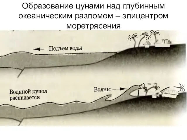 Образование цунами над глубинным океаническим разломом – эпицентром моретрясения