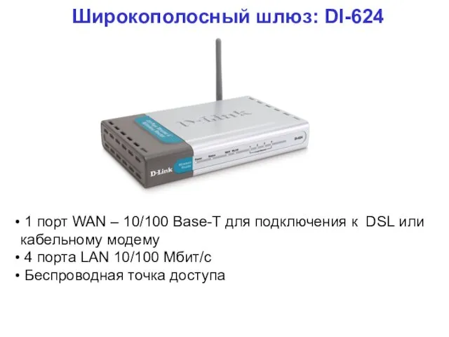 Широкополосный шлюз: DI-624 1 порт WAN – 10/100 Base-T для