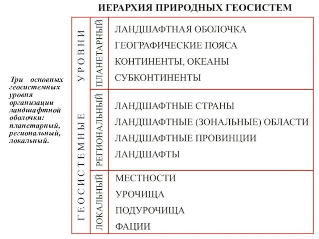 Три основных геосистемных уровня организации ландшафтной оболочки: планетарный, региональный, локальный.