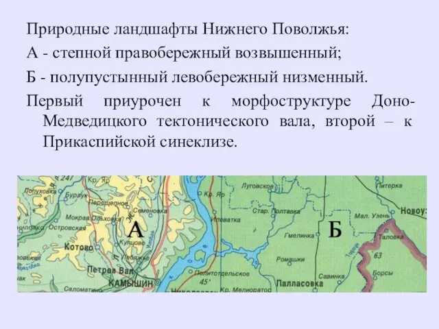 Природные ландшафты Нижнего Поволжья: А - степной правобережный возвышенный; Б