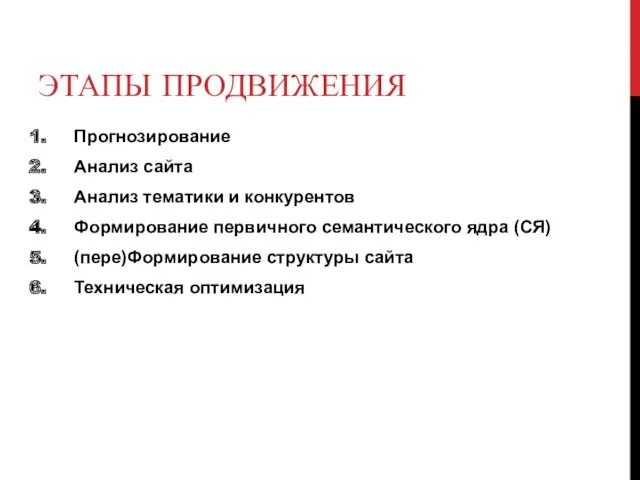 ЭТАПЫ ПРОДВИЖЕНИЯ Прогнозирование Анализ сайта Анализ тематики и конкурентов Формирование