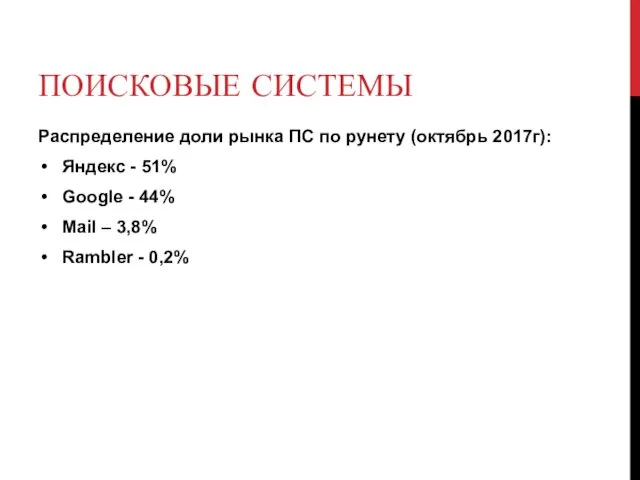 ПОИСКОВЫЕ СИСТЕМЫ Распределение доли рынка ПС по рунету (октябрь 2017г):