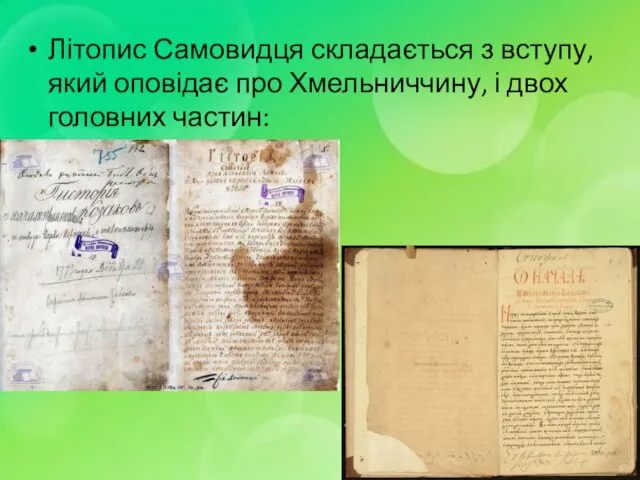 Літопис Самовидця складається з вступу, який оповідає про Хмельниччину, і двох головних частин: